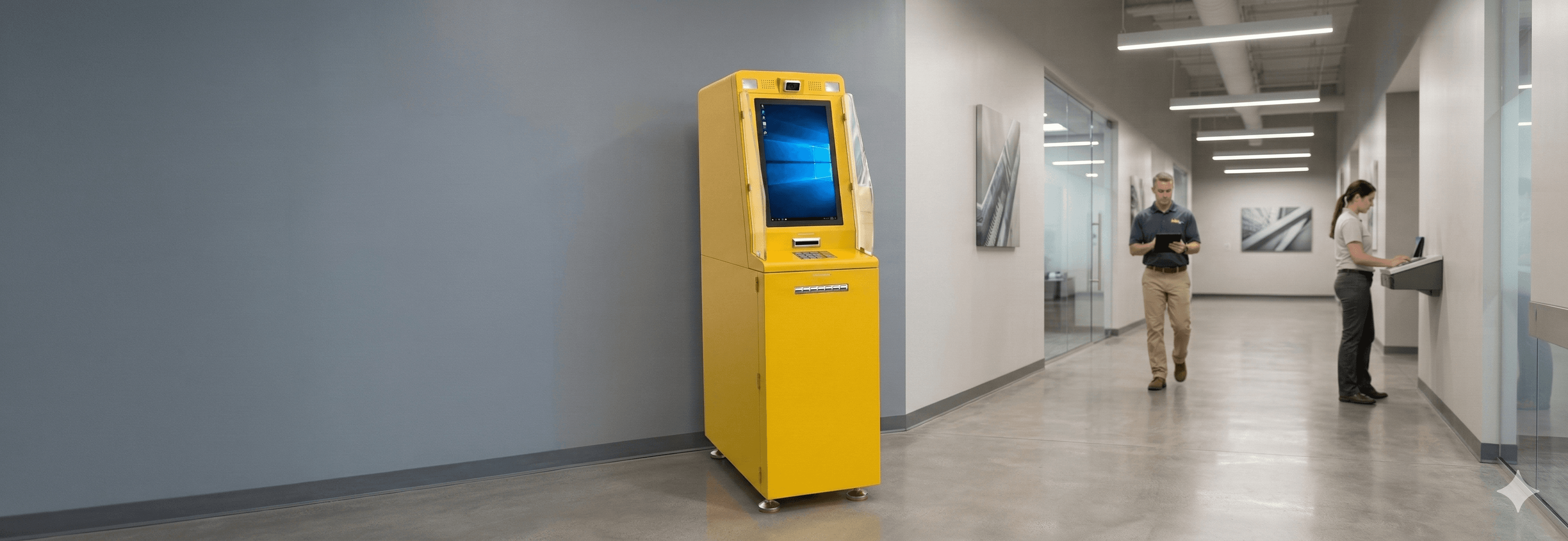 yllo cash disbursement machine installed in an office corridor